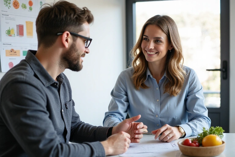 Dietetyk rozmawia z klientem, omawiając plan odżywiania